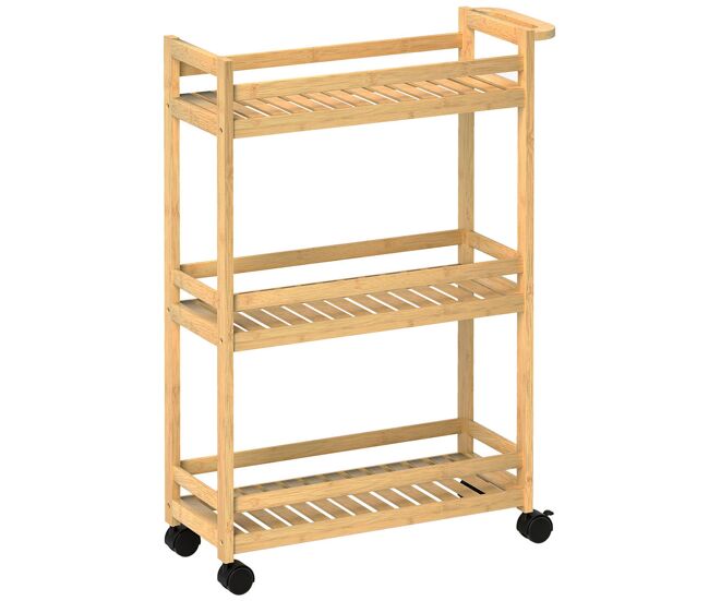 Homcom carrito auxiliar con ruedas de bambú, carrito de cocina estrecho de 3 niveles con asa, para salón, baño, espacios pequeños, 55x20x75 cm, natural