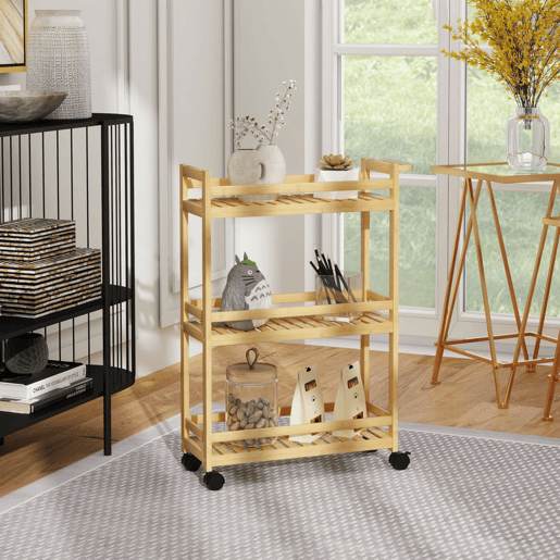 HOMCOM Carrinho Auxiliar com Rodas em Bambu, Carrinho de Cozinha Estreito de 3 Níveis com Pega, para Sala, Casa de Banho, Espaços Pequenos, 55x20x75 cm, Natural HOMCOM Carrinho Auxiliar com Rodas em Bambu, Carrinho de Cozinha Estreito de 3 Níveis com Pega, para Sala, Casa de Banho, Espaços Pequenos, 55x20x75 cm, Natural