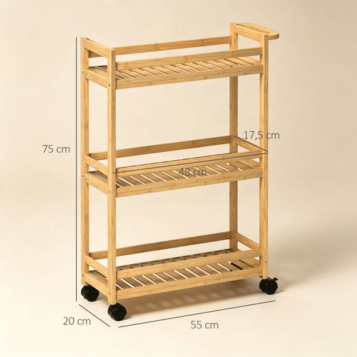 HOMCOM Carrinho Auxiliar com Rodas em Bambu, Carrinho de Cozinha Estreito de 3 Níveis com Pega, para Sala, Casa de Banho, Espaços Pequenos, 55x20x75 cm, Natural HOMCOM Carrinho Auxiliar com Rodas em Bambu, Carrinho de Cozinha Estreito de 3 Níveis com Pega, para Sala, Casa de Banho, Espaços Pequenos, 55x20x75 cm, Natural