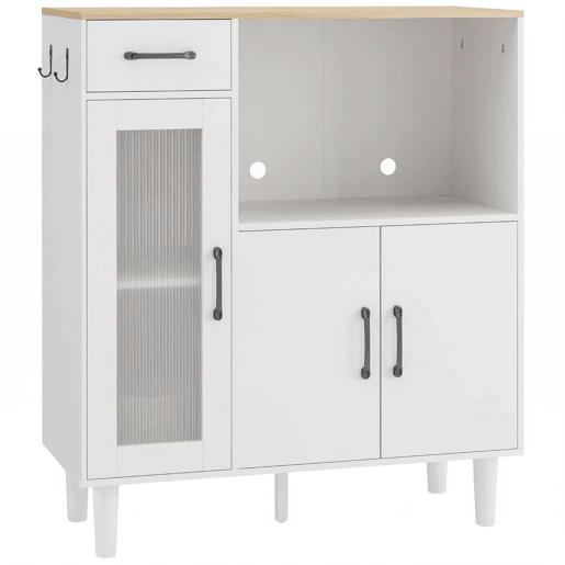 HOMCOM Aparador, Armário de Cozinha Moderno com Porta de Acrílico Gaveta Prateleira Ajustável Compartimento Aberto Aparador para Cozinha Sala de Jantar 80x34x91 cm Branco