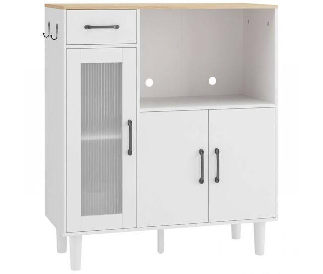 Homcom aparador, armario de cocina moderno con puerta de acrílico, cajón, estante ajustable, compartimento abierto, aparador para cocina, comedor, 80x34x91 cm, blanco