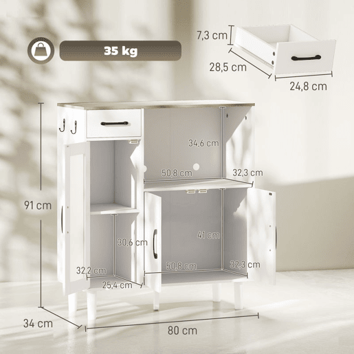 HOMCOM Aparador, Armário de Cozinha Moderno com Porta de Acrílico Gaveta Prateleira Ajustável Compartimento Aberto Aparador para Cozinha Sala de Jantar 80x34x91 cm Branco