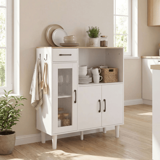 HOMCOM Aparador, Armário de Cozinha Moderno com Porta de Acrílico Gaveta Prateleira Ajustável Compartimento Aberto Aparador para Cozinha Sala de Jantar 80x34x91 cm Branco