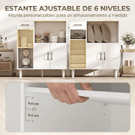 HOMCOM Aparador, Armário de Cozinha Moderno com Porta de Acrílico Gaveta Prateleira Ajustável Compartimento Aberto Aparador para Cozinha Sala de Jantar 80x34x91 cm Branco