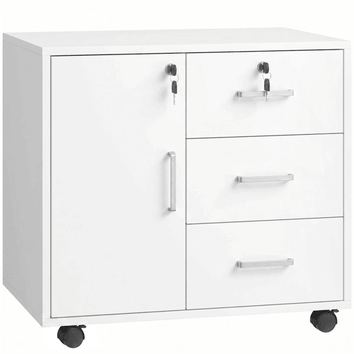 HOMCOM Móvel para Impressora com Rodas, Mesa com Porta e 3 Gavetas, Fechaduras, Prateleira Ajustável, Arquivador Móvel para Escritório, 60x40x56 cm, Branco HOMCOM Móvel para Impressora com Rodas, Mesa com Porta e 3 Gavetas, Fechaduras, Prateleira Ajustável, Arquivador Móvel para Escritório, 60x40x56 cm, Branco