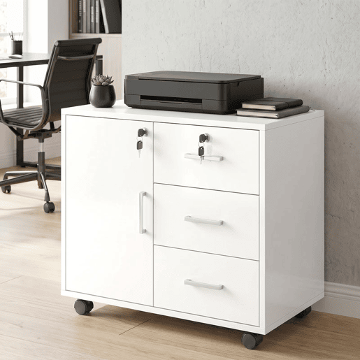 HOMCOM Móvel para Impressora com Rodas, Mesa com Porta e 3 Gavetas, Fechaduras, Prateleira Ajustável, Arquivador Móvel para Escritório, 60x40x56 cm, Branco HOMCOM Móvel para Impressora com Rodas, Mesa com Porta e 3 Gavetas, Fechaduras, Prateleira Ajustável, Arquivador Móvel para Escritório, 60x40x56 cm, Branco