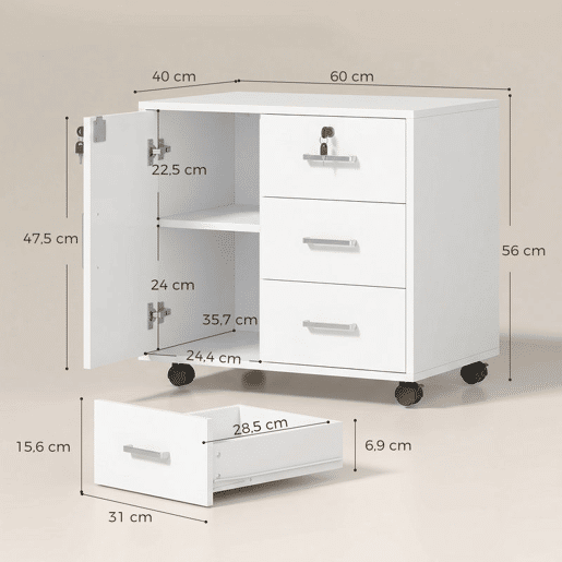 HOMCOM Móvel para Impressora com Rodas, Mesa com Porta e 3 Gavetas, Fechaduras, Prateleira Ajustável, Arquivador Móvel para Escritório, 60x40x56 cm, Branco HOMCOM Móvel para Impressora com Rodas, Mesa com Porta e 3 Gavetas, Fechaduras, Prateleira Ajustável, Arquivador Móvel para Escritório, 60x40x56 cm, Branco
