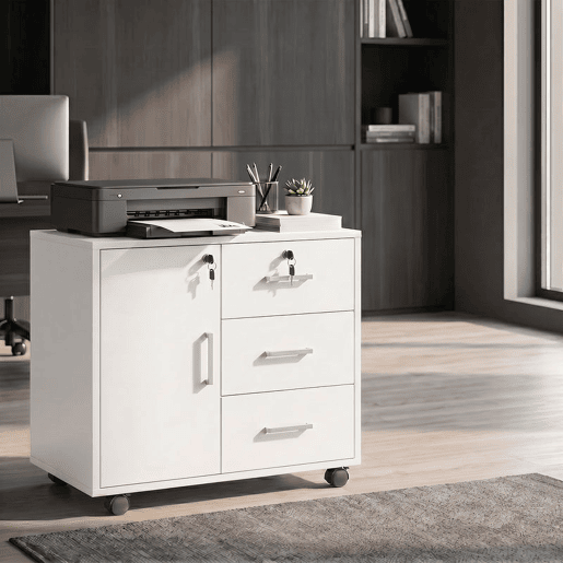 HOMCOM Móvel para Impressora com Rodas, Mesa com Porta e 3 Gavetas, Fechaduras, Prateleira Ajustável, Arquivador Móvel para Escritório, 60x40x56 cm, Branco HOMCOM Móvel para Impressora com Rodas, Mesa com Porta e 3 Gavetas, Fechaduras, Prateleira Ajustável, Arquivador Móvel para Escritório, 60x40x56 cm, Branco