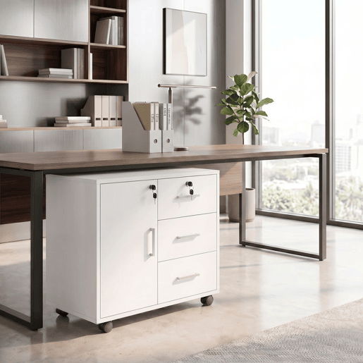 HOMCOM Móvel para Impressora com Rodas, Mesa com Porta e 3 Gavetas, Fechaduras, Prateleira Ajustável, Arquivador Móvel para Escritório, 60x40x56 cm, Branco HOMCOM Móvel para Impressora com Rodas, Mesa com Porta e 3 Gavetas, Fechaduras, Prateleira Ajustável, Arquivador Móvel para Escritório, 60x40x56 cm, Branco