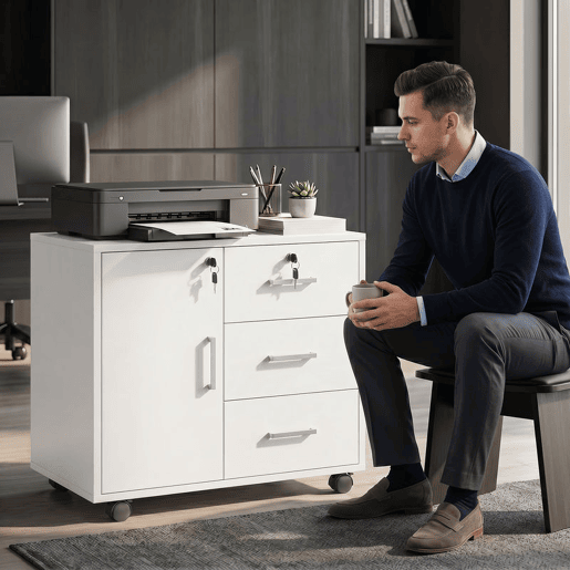 HOMCOM Móvel para Impressora com Rodas, Mesa com Porta e 3 Gavetas, Fechaduras, Prateleira Ajustável, Arquivador Móvel para Escritório, 60x40x56 cm, Branco HOMCOM Móvel para Impressora com Rodas, Mesa com Porta e 3 Gavetas, Fechaduras, Prateleira Ajustável, Arquivador Móvel para Escritório, 60x40x56 cm, Branco