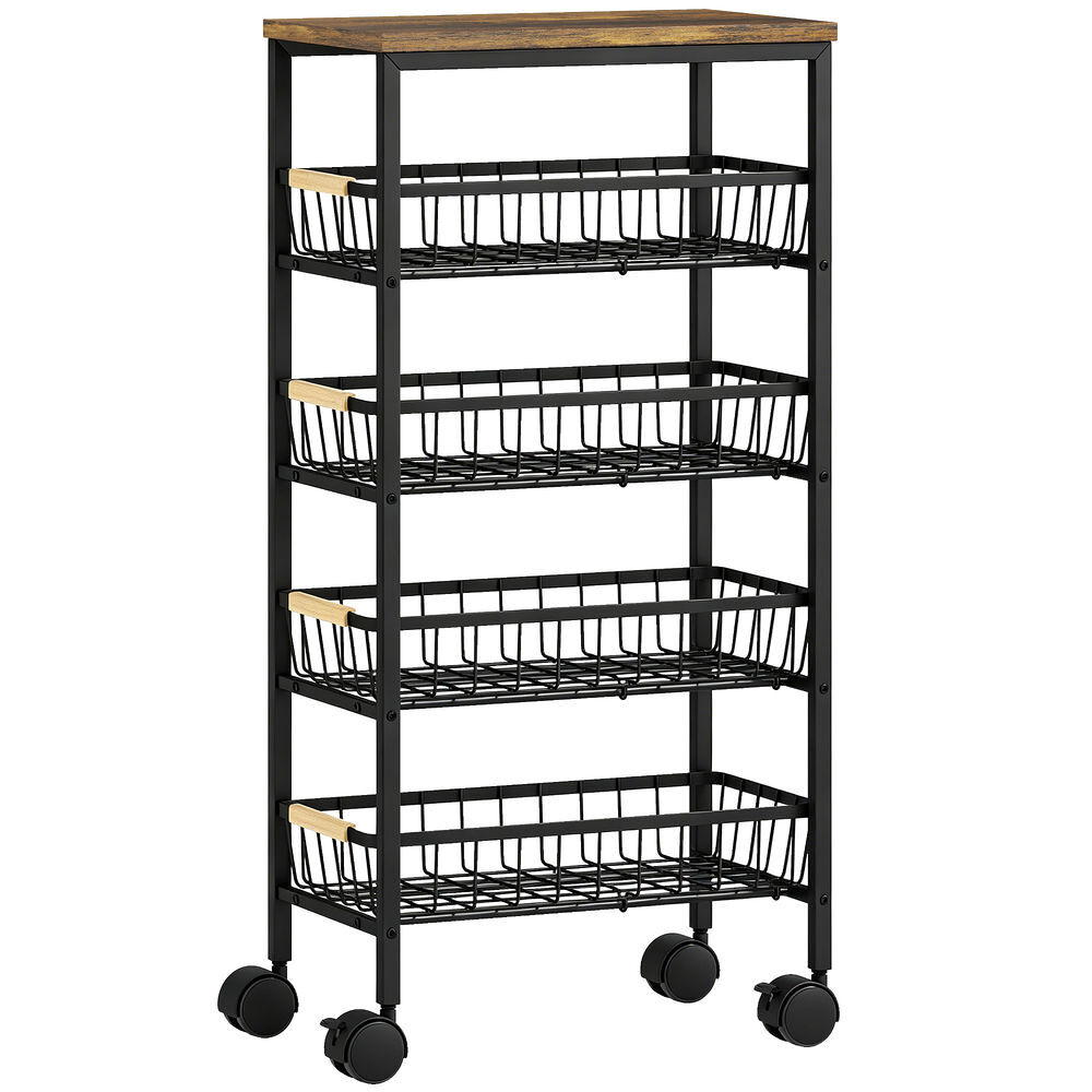 Homcom carrito auxiliar con ruedas, carrito de cocina con 4 cestas extraíbles, carga 15 kg, marco metálico, tiradores de madera, para comedor, sala de
