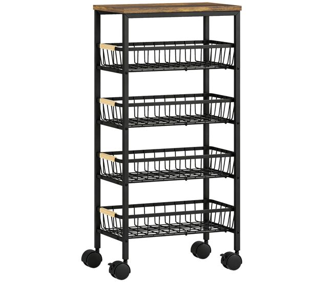 Homcom carrito auxiliar con ruedas, carrito de cocina con 4 cestas extraíbles, carga 15 kg, marco metálico, tiradores de madera, para comedor, sala de
