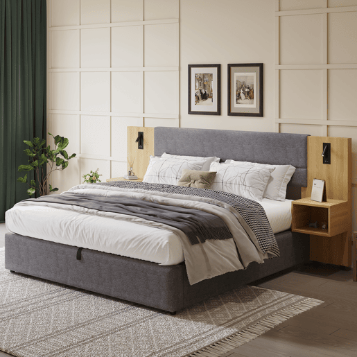 Cama de casal de veludo 160x200 cm com armazenamento,cinza+natural