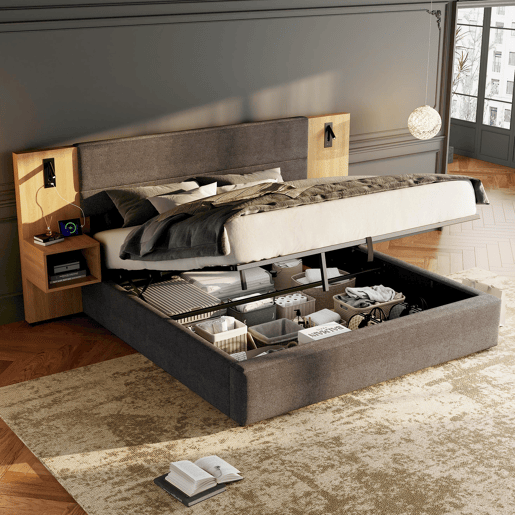 Cama de casal de veludo 160x200 cm com armazenamento,cinza+natural