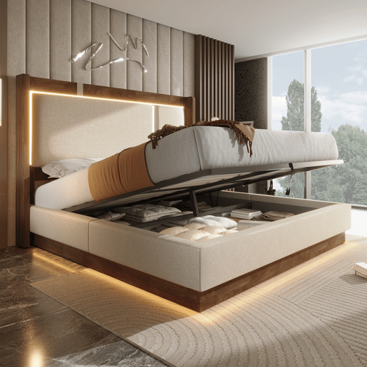 Cama de casal de linho 180x200 cm com armazenamento e luz led,bege Cama de casal de linho 180x200 cm com armazenamento e luz led,bege