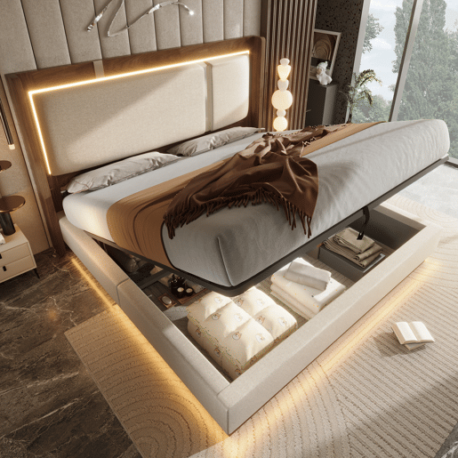 Cama de casal de linho 180x200 cm com armazenamento e luz led,bege Cama de casal de linho 180x200 cm com armazenamento e luz led,bege