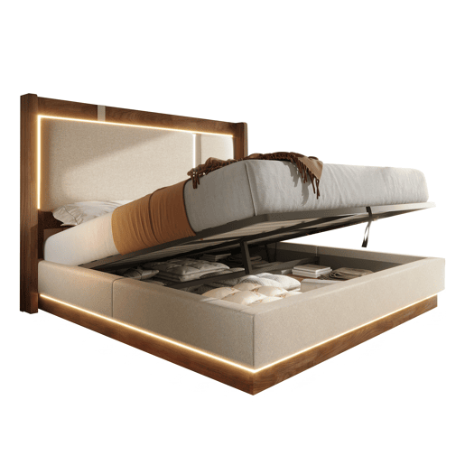 Cama de casal de linho 140x200 cm com armazenamento e luz led,bege Cama de casal de linho 140x200 cm com armazenamento e luz led,bege