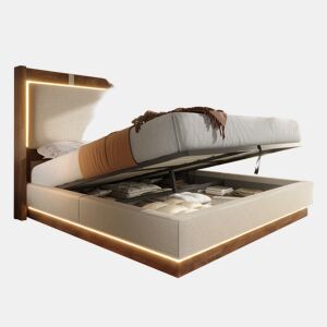 Cama de casal de linho 140x200 cm com armazenamento e luz led,bege
