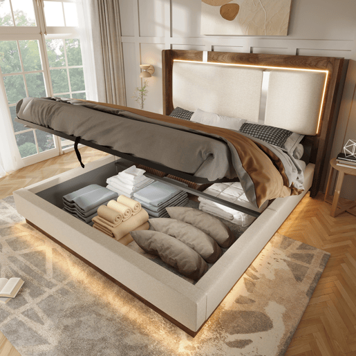 Cama de casal de linho 140x200 cm com armazenamento e luz led,bege Cama de casal de linho 140x200 cm com armazenamento e luz led,bege