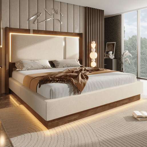 Cama de casal de linho 140x200 cm com armazenamento e luz led,bege Cama de casal de linho 140x200 cm com armazenamento e luz led,bege