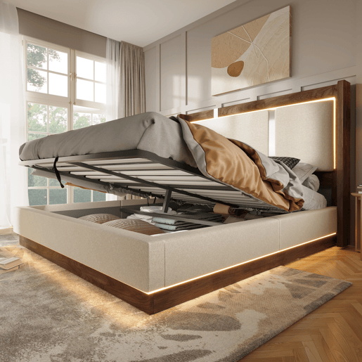 Cama de casal de linho 140x200 cm com armazenamento e luz led,bege Cama de casal de linho 140x200 cm com armazenamento e luz led,bege
