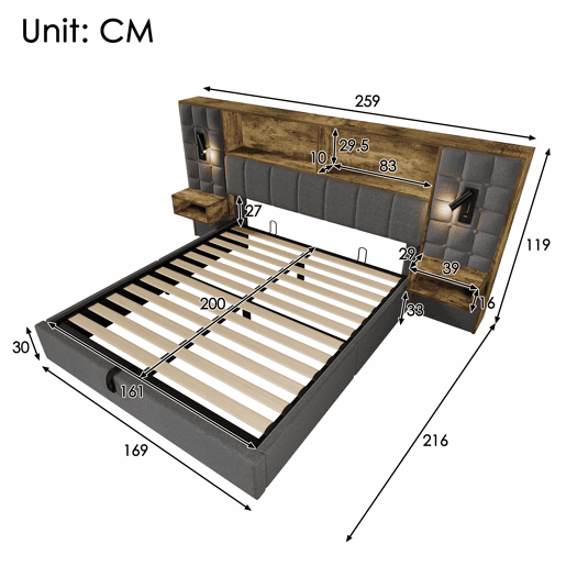Cama de casal de linho 160x200 cm com armazenamento e luz led,cinza Cama de casal de linho 160x200 cm com armazenamento e luz led,cinza