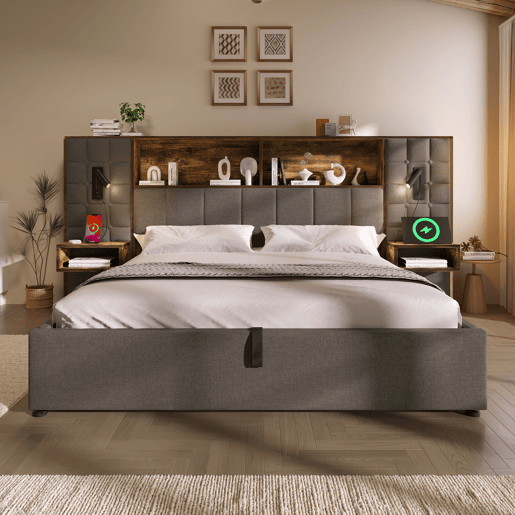 Cama de casal de linho 160x200 cm com armazenamento e luz led,cinza Cama de casal de linho 160x200 cm com armazenamento e luz led,cinza