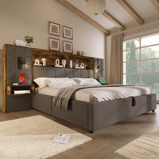 Cama de casal de linho 160x200 cm com armazenamento e luz led,cinza Cama de casal de linho 160x200 cm com armazenamento e luz led,cinza