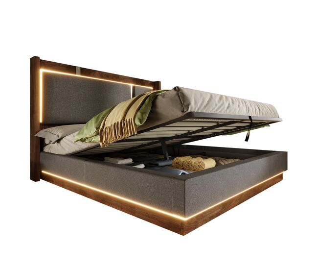 Cama de matrimonio de lino 140x190 cm con almacenaje y luz led,gris