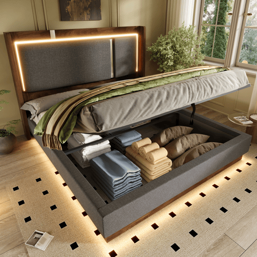 Cama de casal de linho 140x190 cm com armazenamento e luz led,cinza Cama de casal de linho 140x190 cm com armazenamento e luz led,cinza