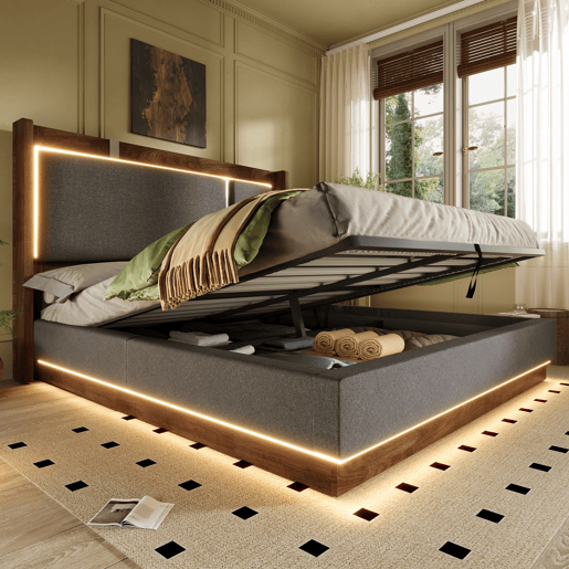 Cama de casal de linho 140x190 cm com armazenamento e luz led,cinza Cama de casal de linho 140x190 cm com armazenamento e luz led,cinza
