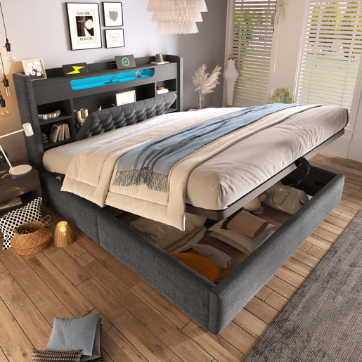 Cama de casal de linho 180x200 cm com armazenamento e luz led,cinza