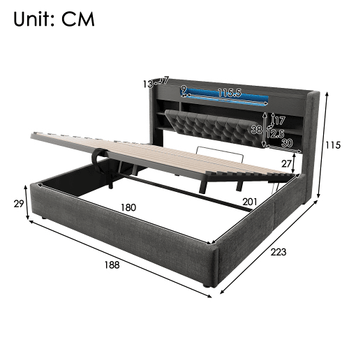 Cama de casal de linho 180x200 cm com armazenamento e luz led,cinza