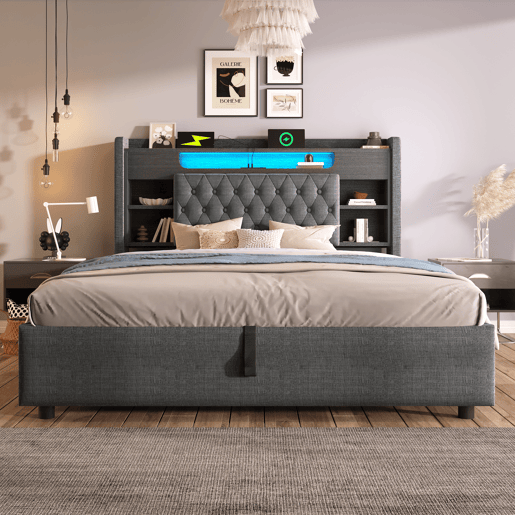 Cama de casal de linho 180x200 cm com armazenamento e luz led,cinza