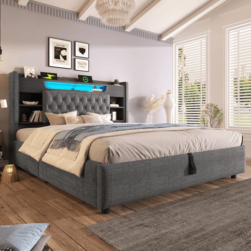 Cama de casal de linho 180x200 cm com armazenamento e luz led,cinza