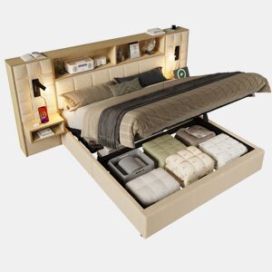Cama de casal de linho 160x200 cm com armazenamento e luz led,bege