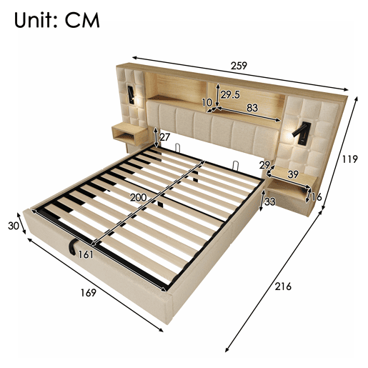 Cama de casal de linho 160x200 cm com armazenamento e luz led,bege
