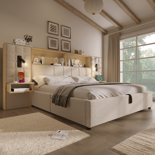 Cama de casal de linho 160x200 cm com armazenamento e luz led,bege