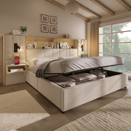 Cama de casal de linho 160x200 cm com armazenamento e luz led,bege