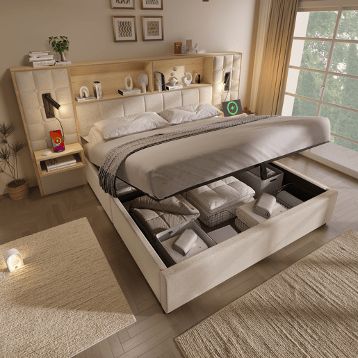 Cama de casal de linho 160x200 cm com armazenamento e luz led,bege