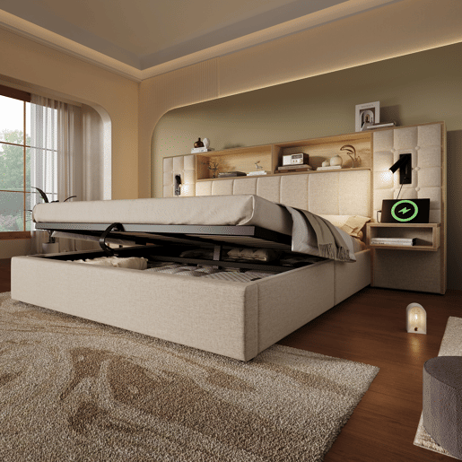 Cama de casal de linho 160x200 cm com armazenamento e luz led,bege