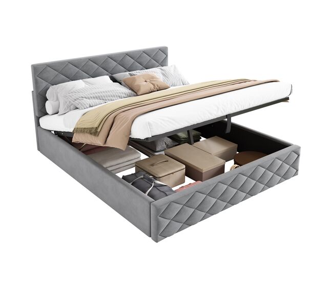 Cama de matrimonio de terciopelo 140x200 cm con almacenaje,gris