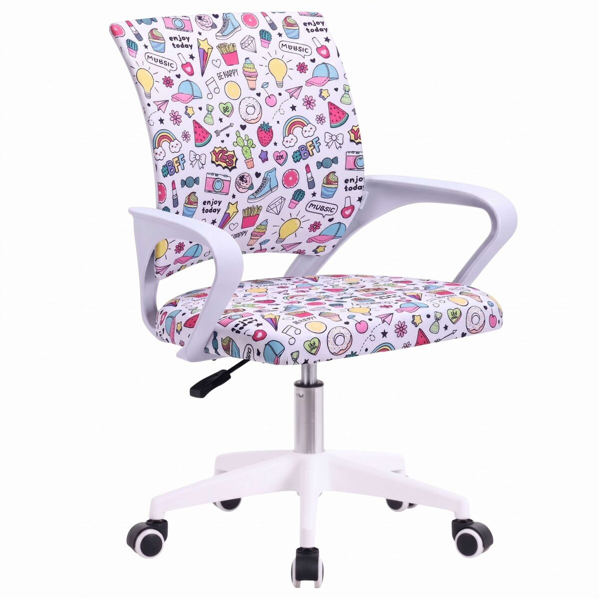 Silla de escritorio juvenil vita emojis, altura regulable, tela estampado, reposabrazos blanco