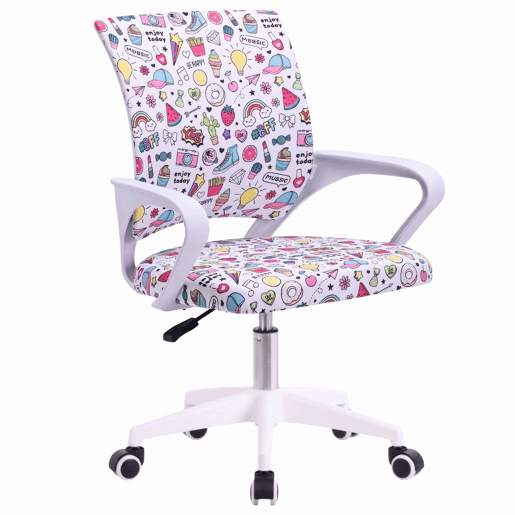 Cadeira de escritório juvenil Vita Emojis, altura ajustável, tecido estampado, apoios de braço brancos. Cadeira de escritório juvenil Vita Emojis, altura ajustável, tecido estampado, apoios de braço brancos.