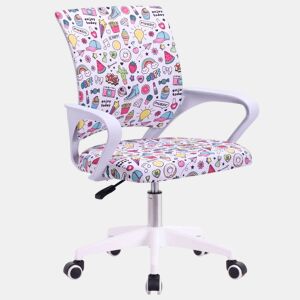 Cadeira de escritório juvenil Vita Emojis, altura ajustável, tecido estampado, apoios de braço brancos.