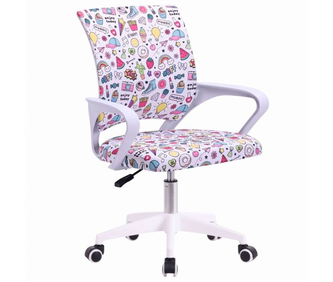 Silla de escritorio juvenil vita emojis, altura regulable, tela estampado, reposabrazos blanco