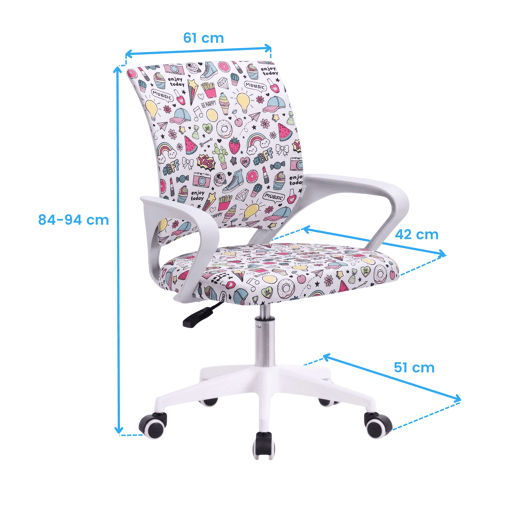 Cadeira de escritório juvenil Vita Emojis, altura ajustável, tecido estampado, apoios de braço brancos. Cadeira de escritório juvenil Vita Emojis, altura ajustável, tecido estampado, apoios de braço brancos.