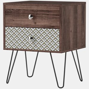 Mesa de cabeceira estilo boêmio com 2 gavetas, pés de aço, para quarto ou sala de estar, 45x39x55,5 cm, marrom