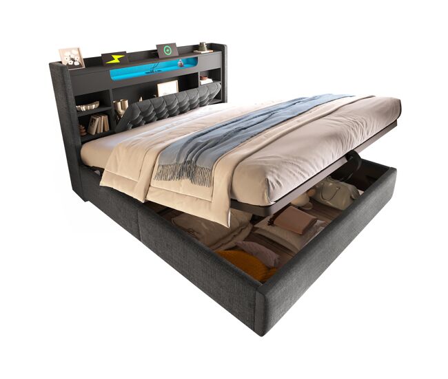 Cama de matrimonio de lino 140x190 cm con almacenaje y luz led,gris