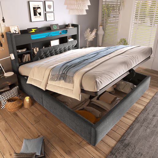 Cama de casal de linho 140x190 cm com armazenamento e luz led,cinza Cama de casal de linho 140x190 cm com armazenamento e luz led,cinza